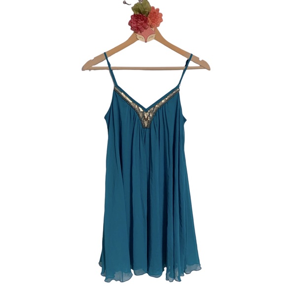 Express Dresses & Skirts - Express turquoise chiffon overlay mini sun dress with metallic beaded neckline